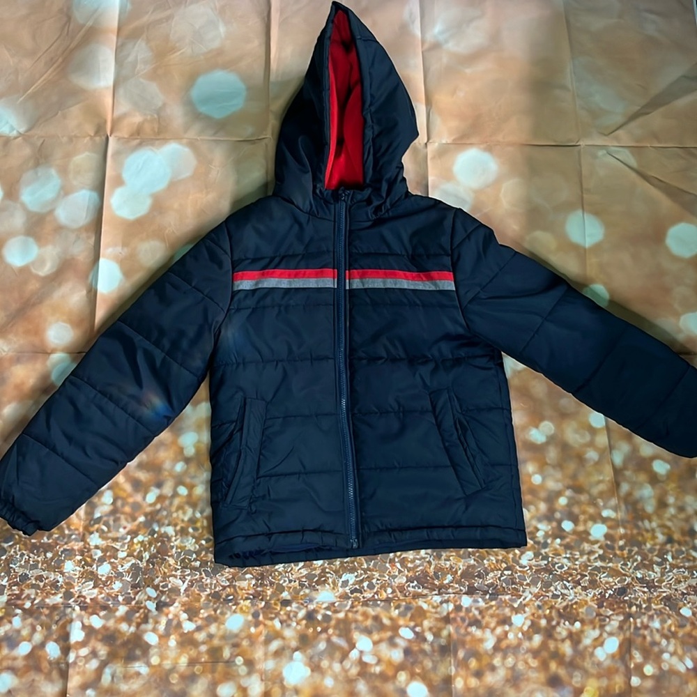 Black Puffer Jacket with Red Accent and Hood